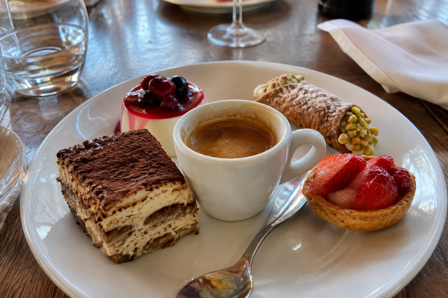 Café ou thé Buono, accompagné d’une sélection de délicieux desserts italiens