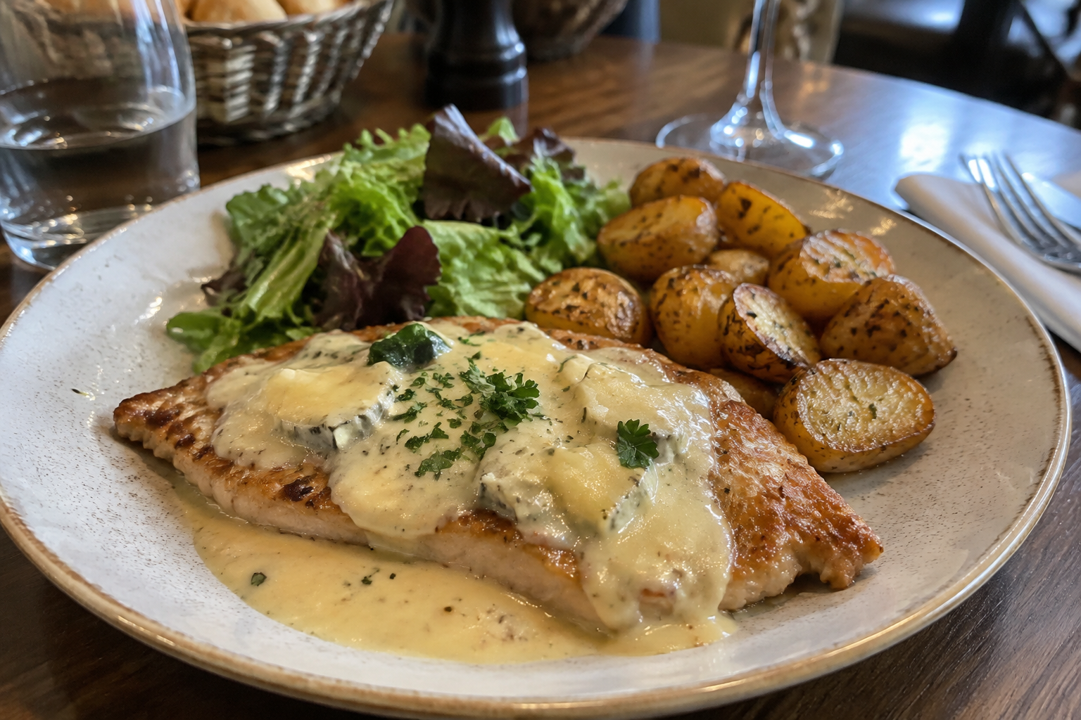 Escalope de volaille fondante, sauce au Taleggio, accompagnée de sa garniture du moment